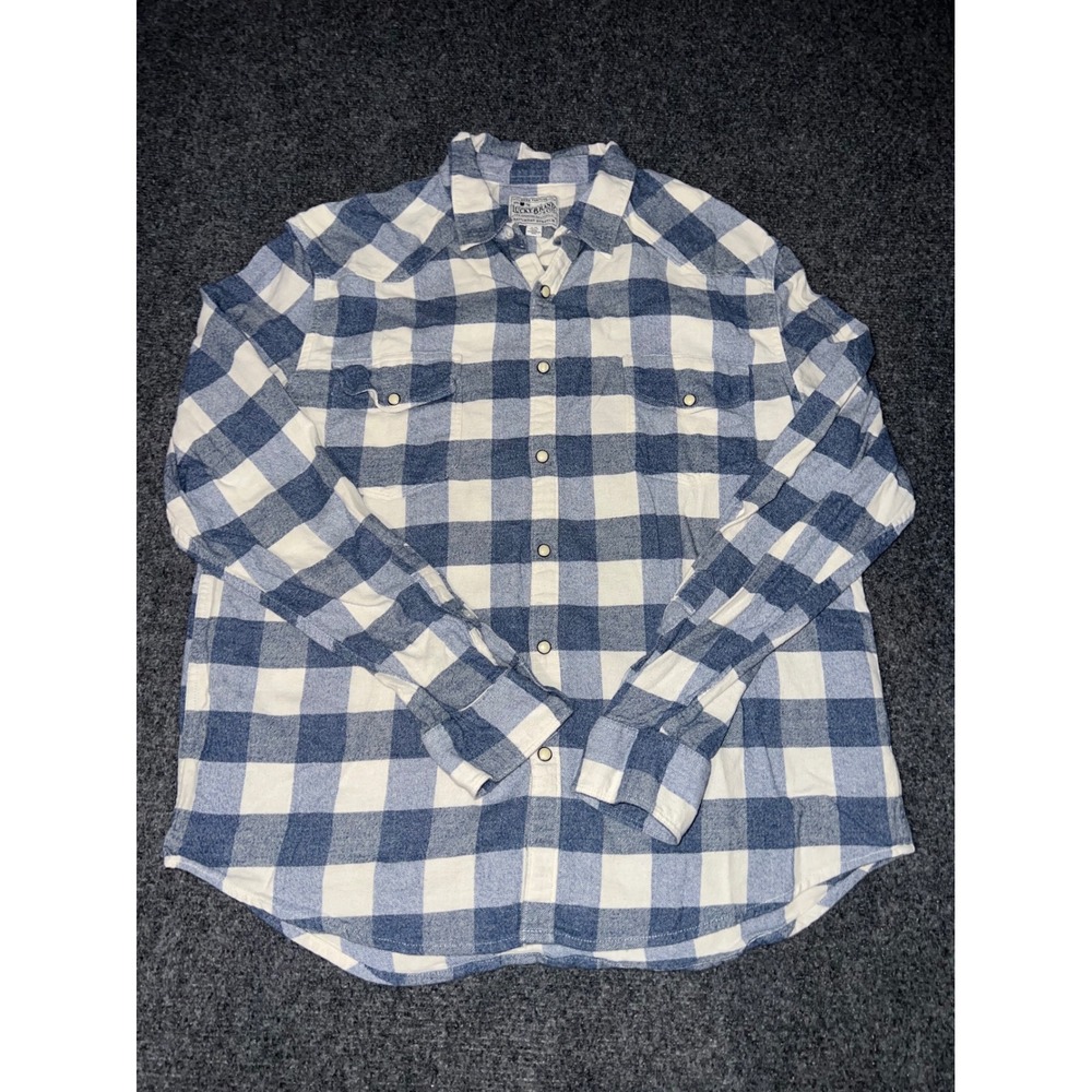 Lucky Brand Mens Large Blue White Plaid Saturday Stretch Western Snap Shirt